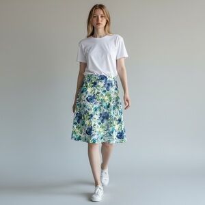 Handmade Floral Blue and Green Women's Pleated Skirt